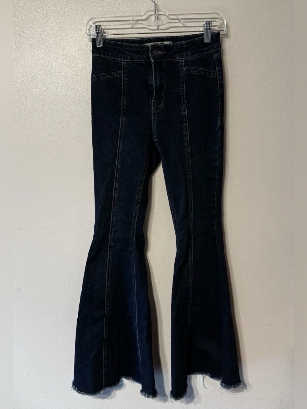 Rock & Roll Denim Bargain Button Bell Jeans 24x32 Dark Wash Raw Hem Flared